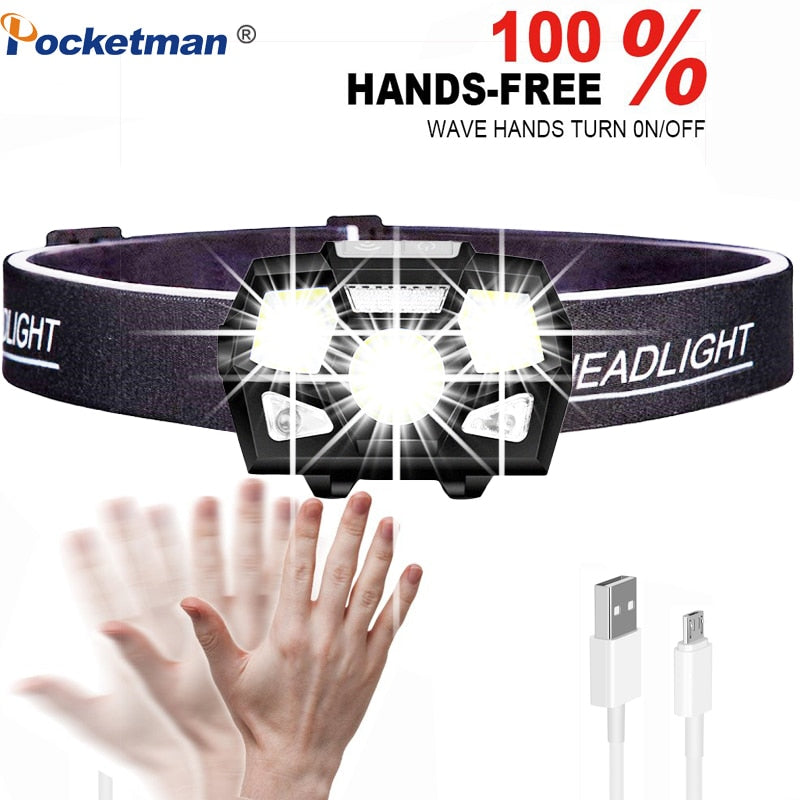 10000 Lumen LED Headlamp Motion Sensor Ultra Bright Hard Hat Head Lamp Powerful Headlight USB Rechargeable Waterproof Flashlight